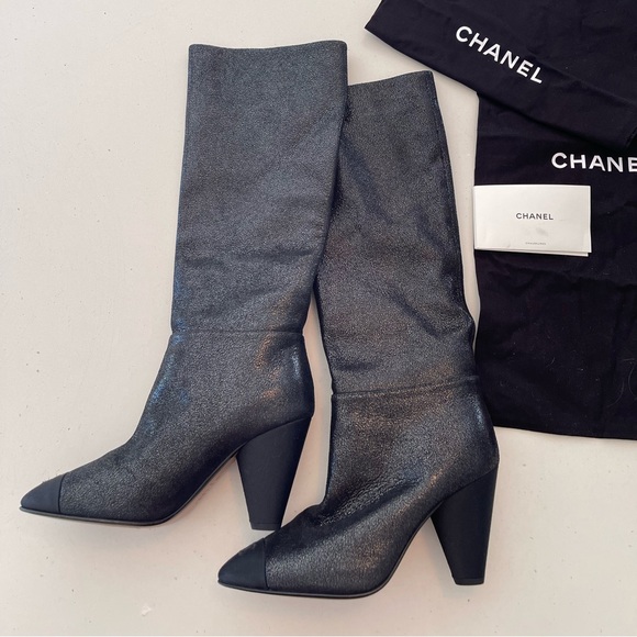CHANEL Tall Black Metallic Pebbled Boots CC Cap Toe 37.5 - Picture 2 of 12